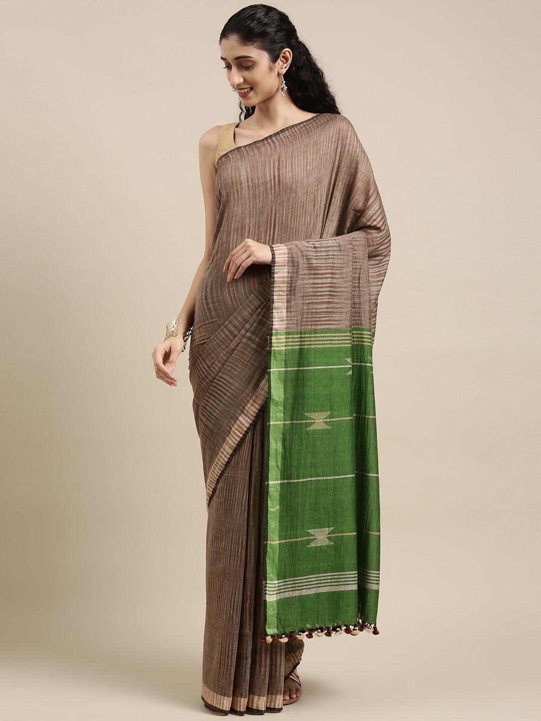 arteastri brown & green woven design pure cotton jamdani saree