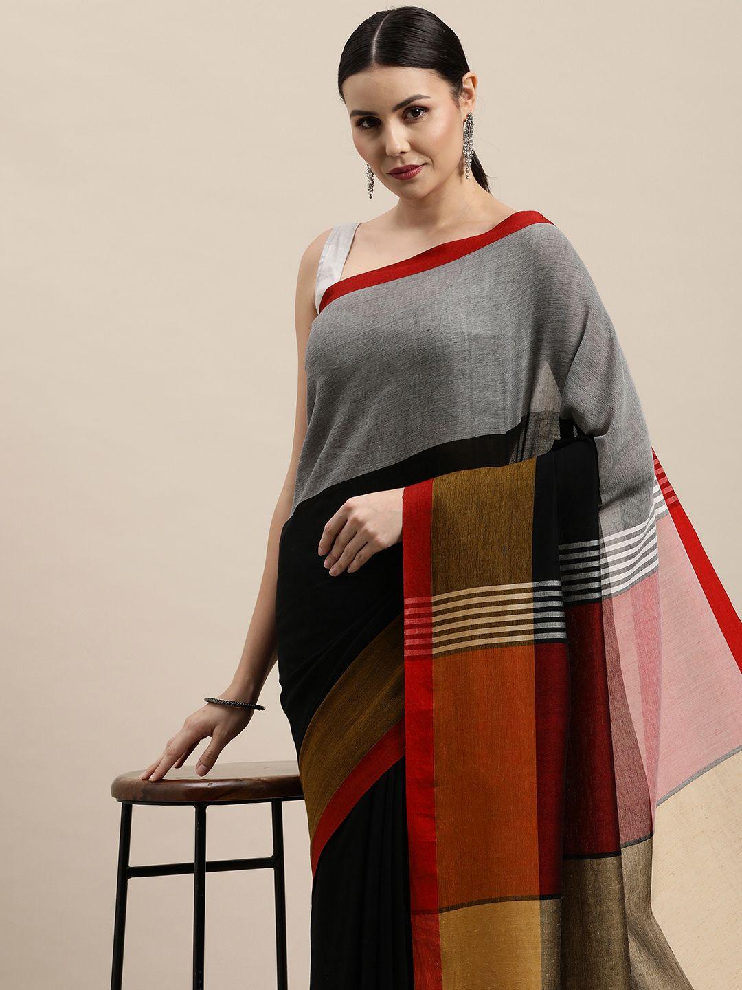 arteastri grey & black colourblocked pure cotton taant saree