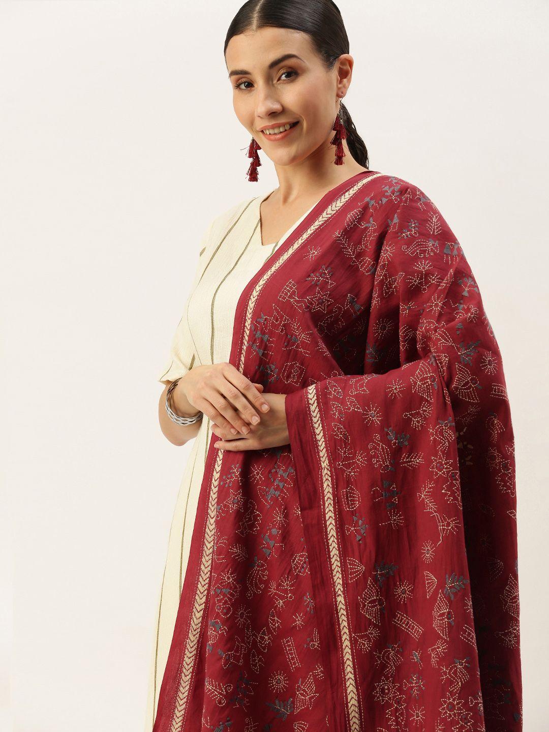 arteastri maroon & cream-coloured ethnic motifs embroidered pure cotton dupatta with kantha work