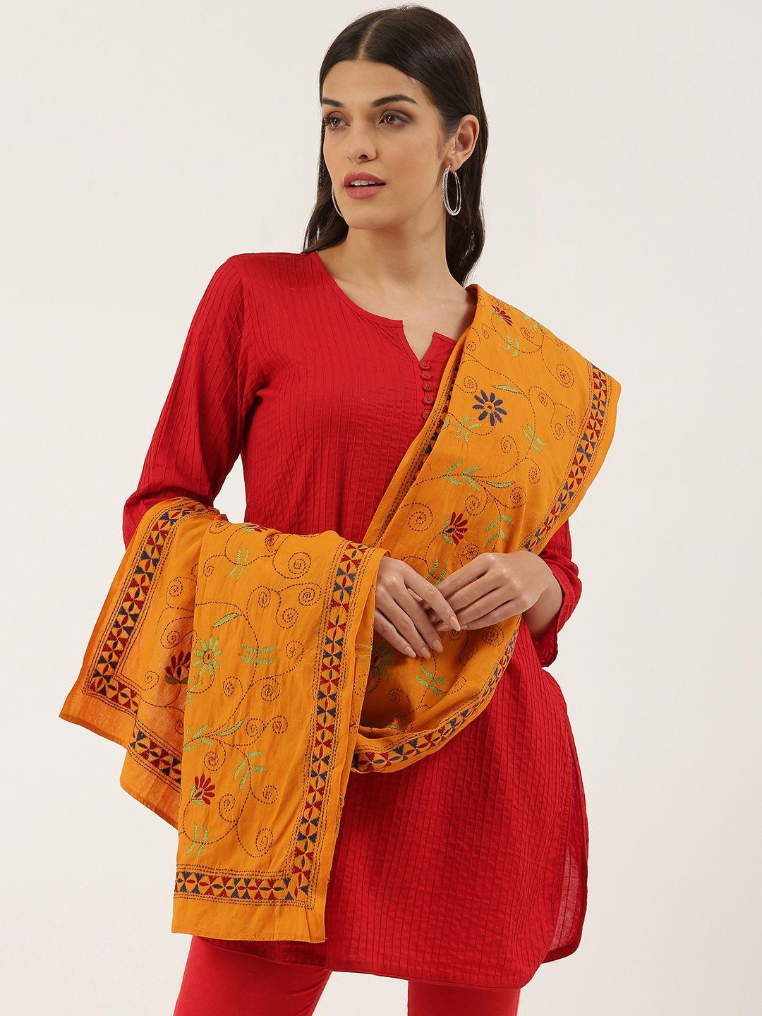 arteastri mustard & black ethnic motifs embroidered pure cotton dupatta with kantha work