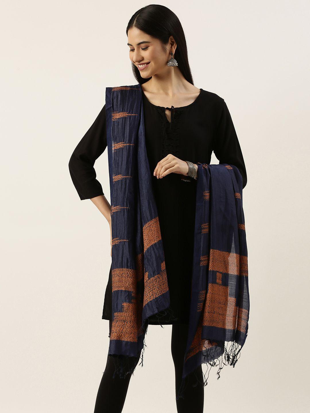 arteastri navy blue & brown woven design pure silk shibori dupatta
