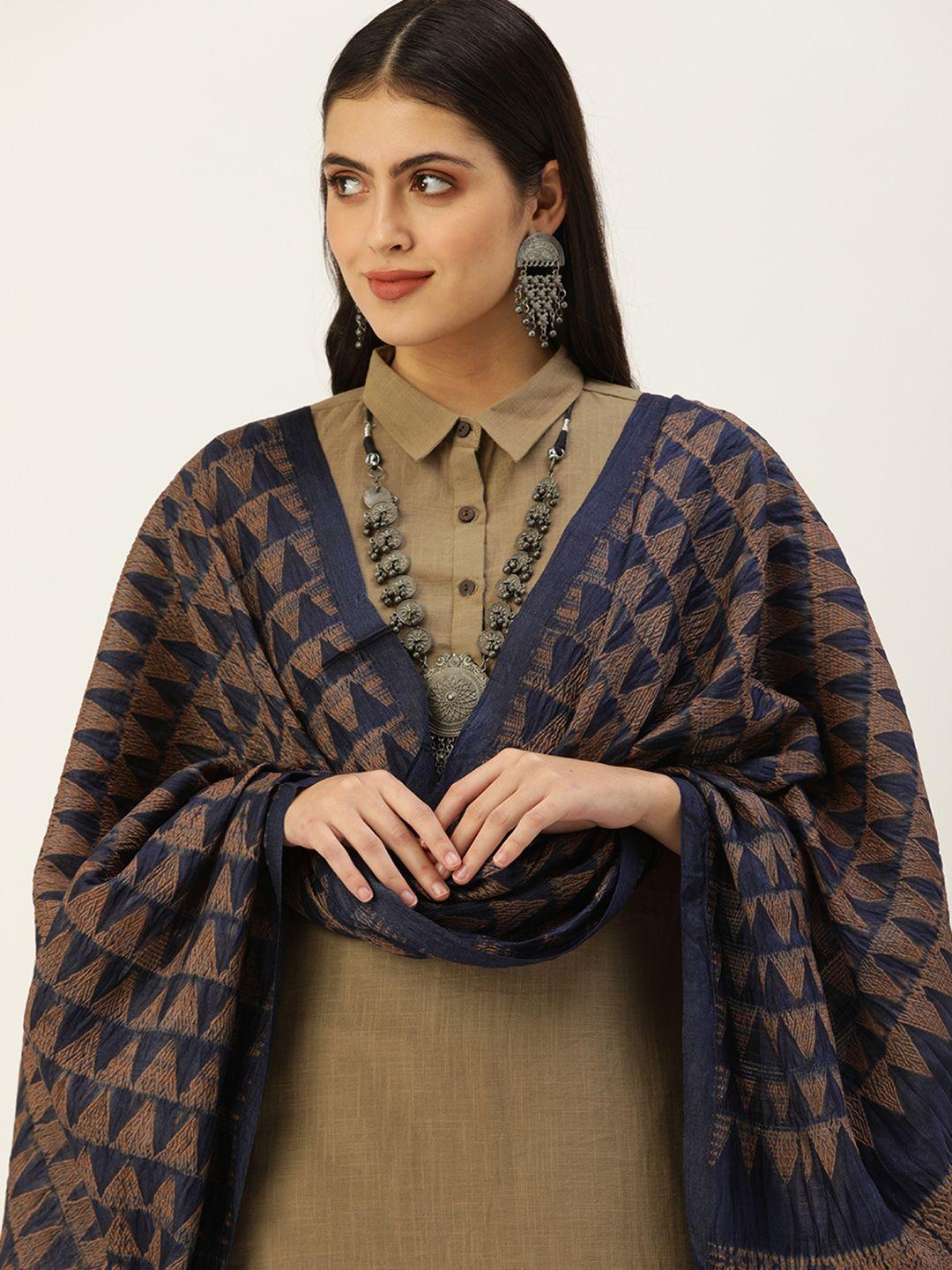 arteastri navy blue & gold-toned woven design pure silk shibori dupatta