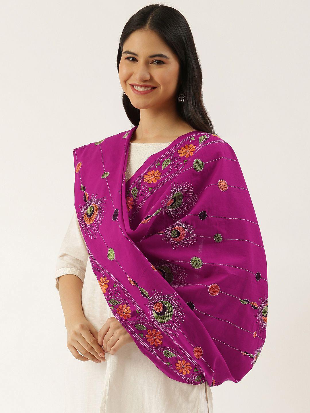 arteastri pink & mustard ethnic motifs embroidered pure cotton dupatta with kantha work