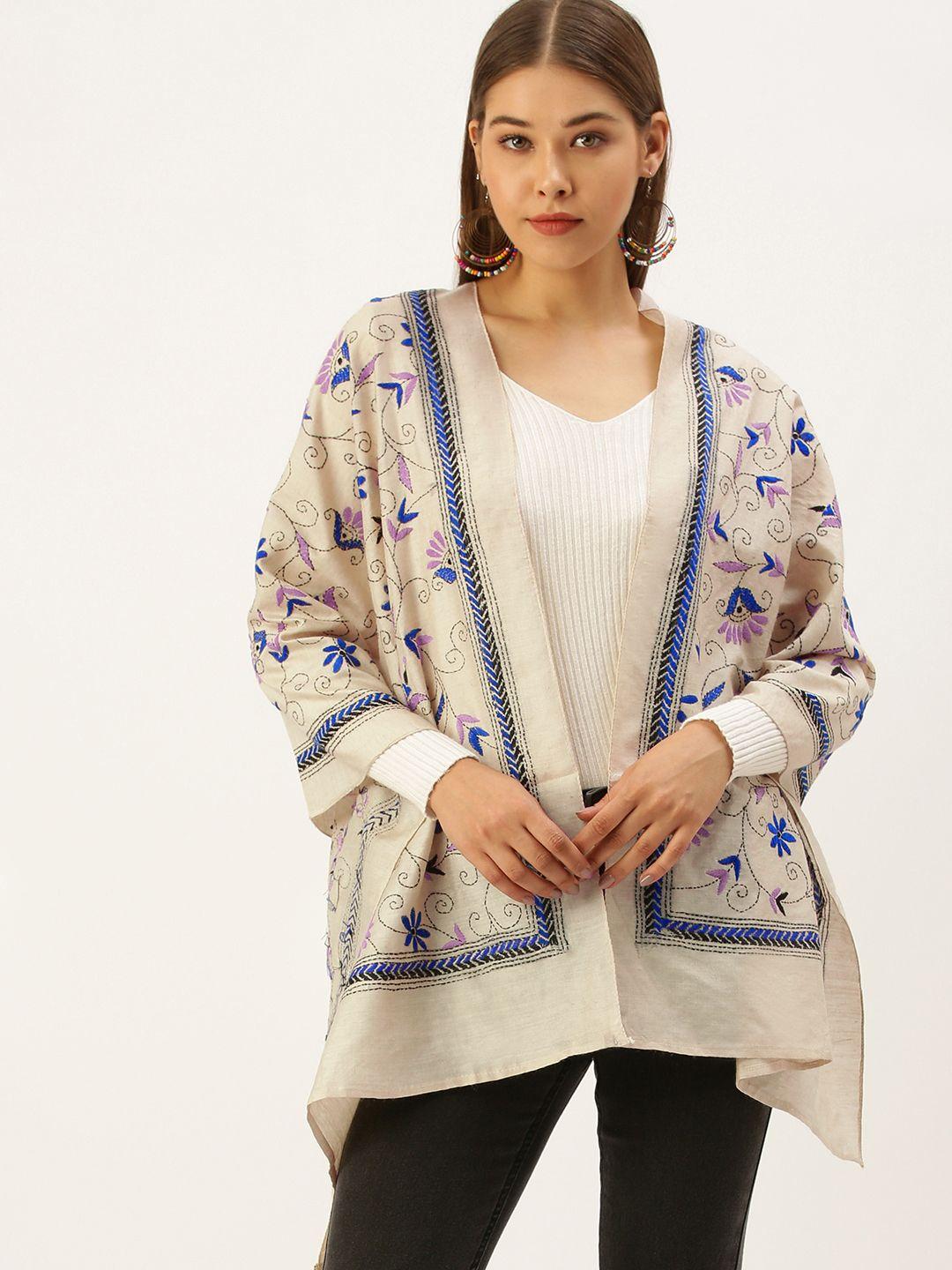 arteastri women cream-coloured & blue kantha embroidered stole