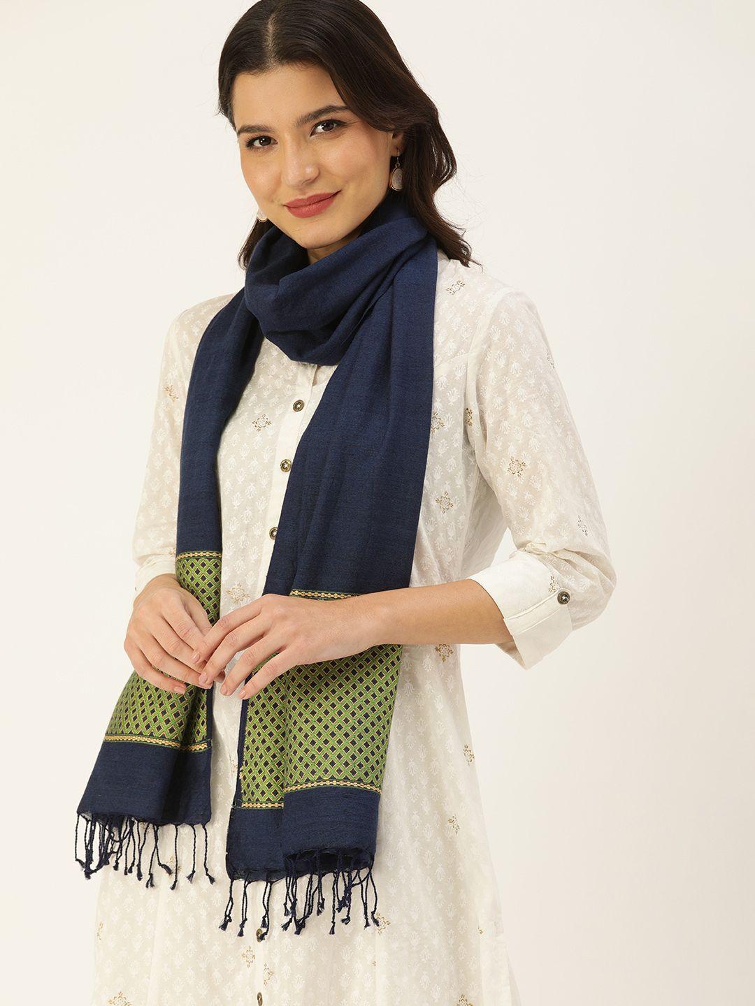 arteastri women navy blue & green woven design cotton eri silk handloom stole