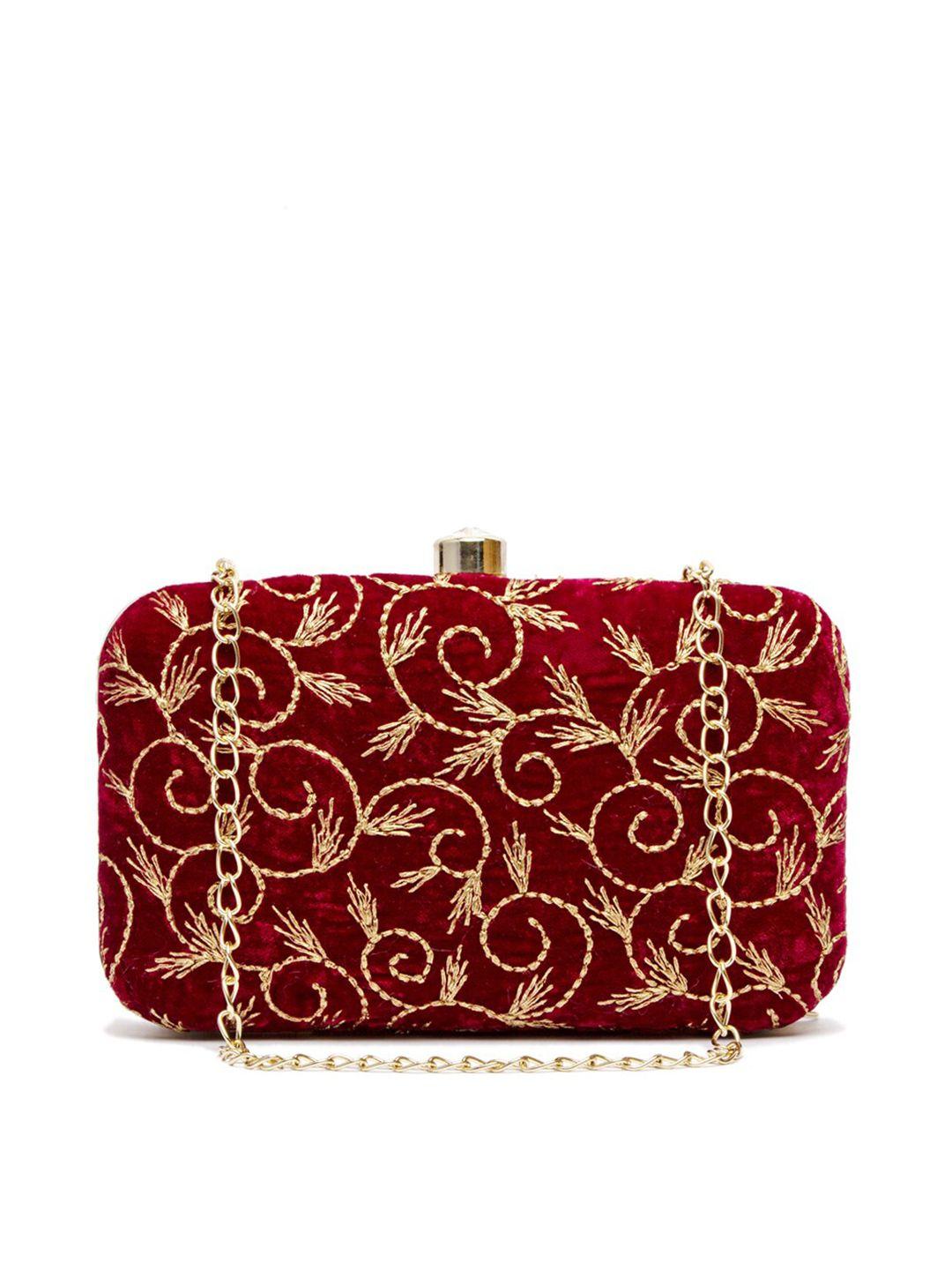 artflyck red & gold-toned velvet embroidered box clutch