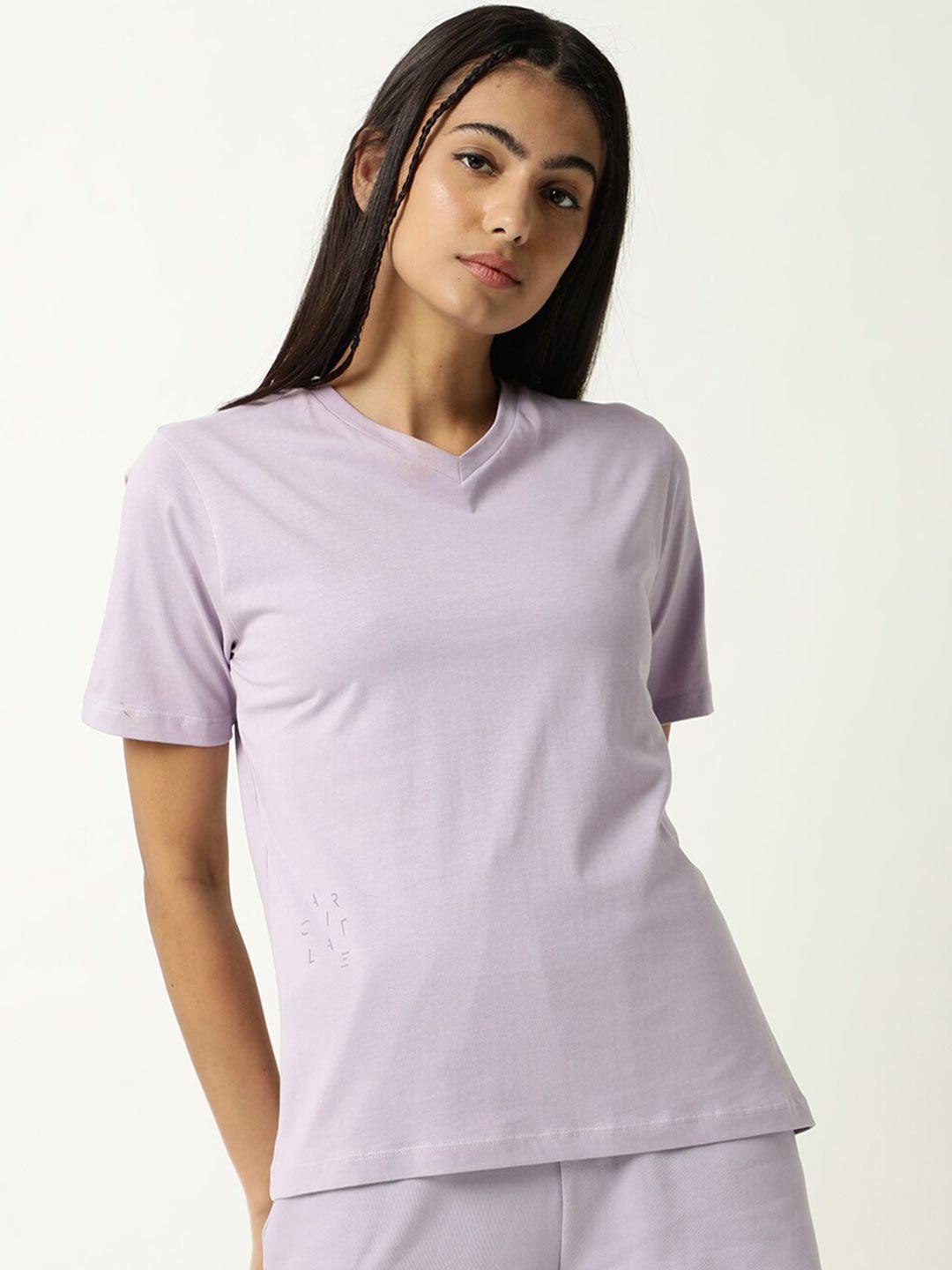 articale women lavender solid v-neck slim fit cotton t-shirt