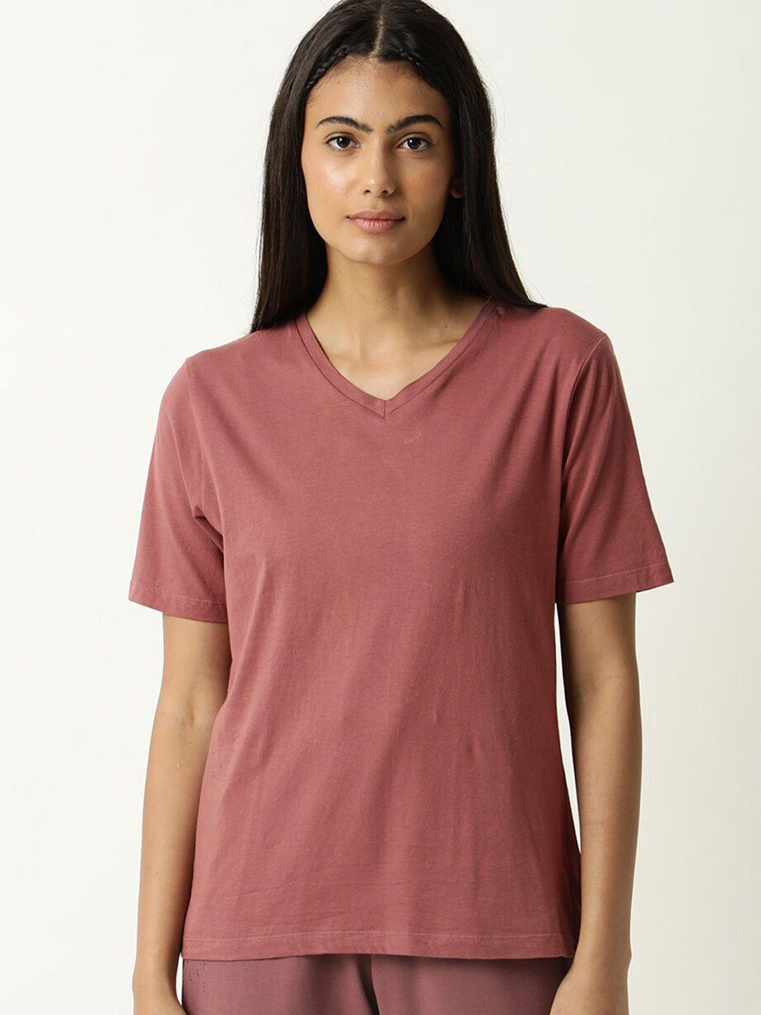 articale women mauve solid v-neck  slim fit cotton t-shirt
