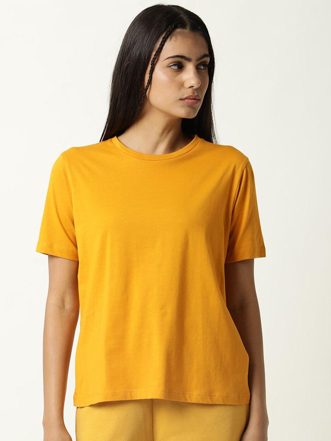 articale women mustard yellow drop-shoulder sleeves slim fit t-shirt