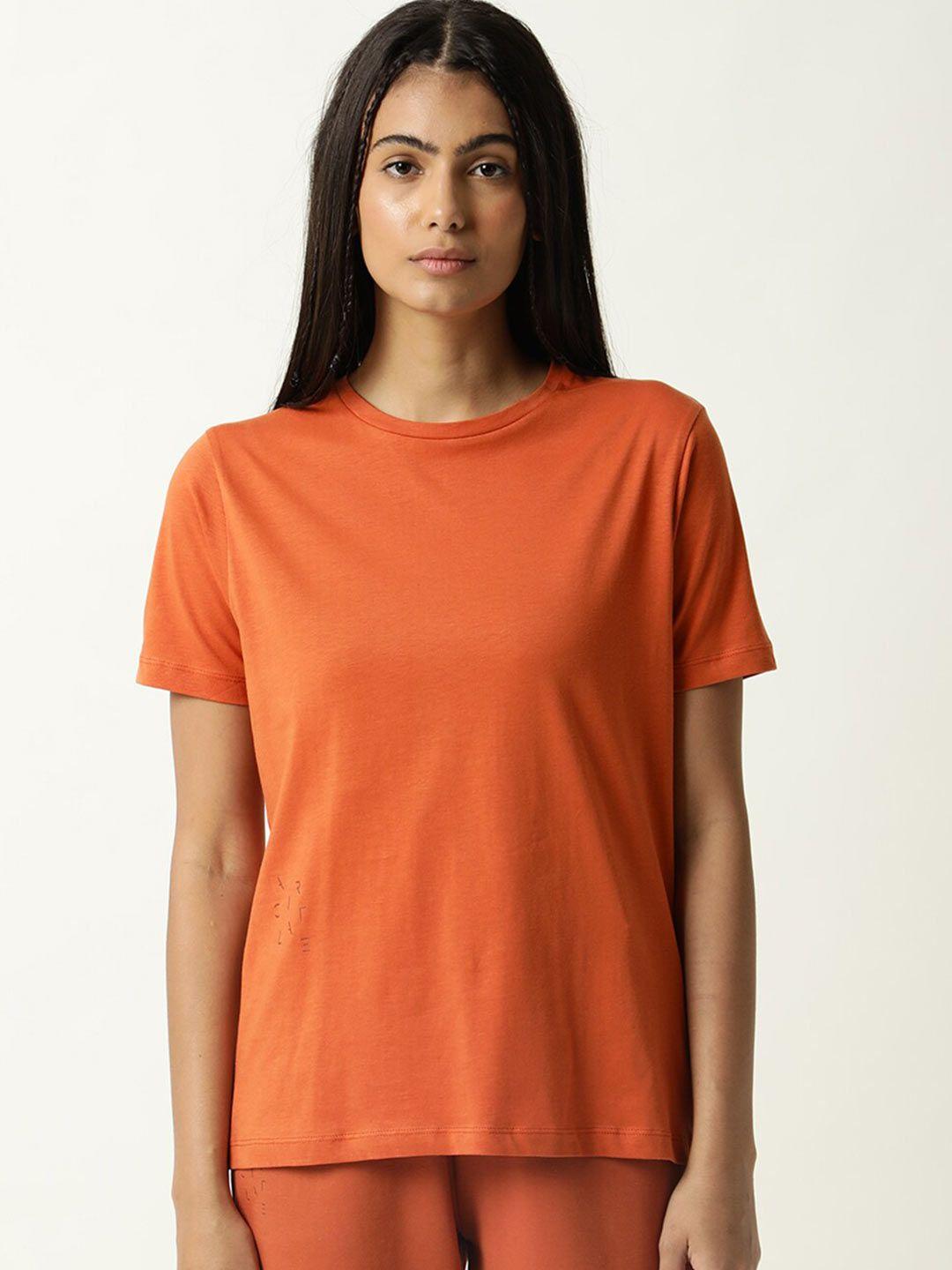 articale women orange solid slim fit cotton t-shirt