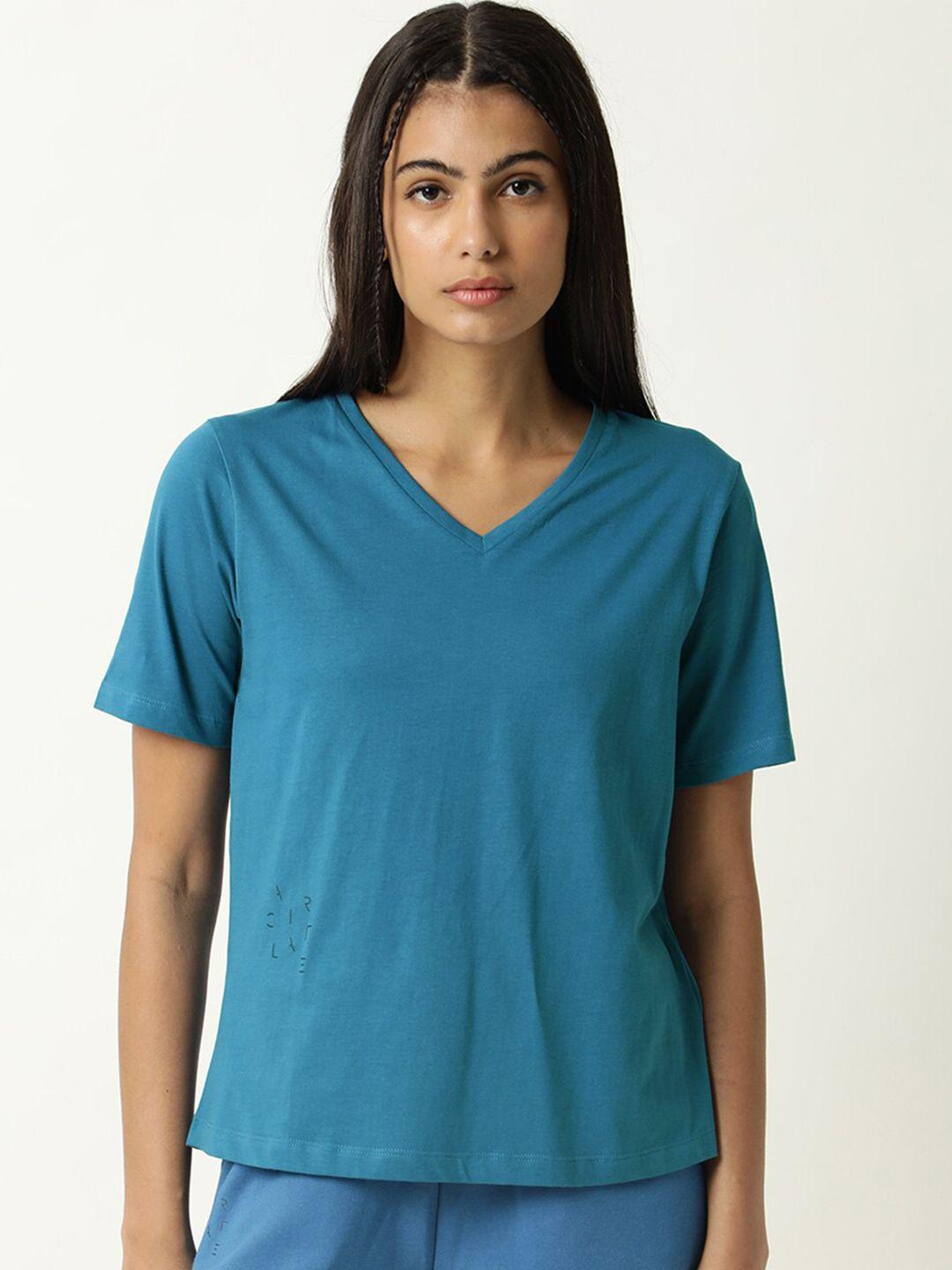articale women teal solid v-neck slim fit cotton t-shirt