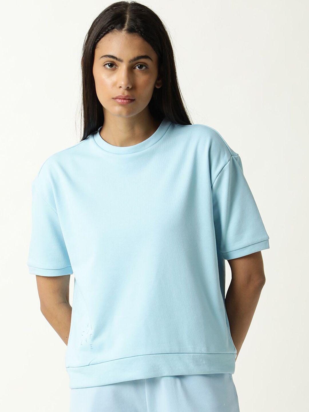 articale women blue drop-shoulder sleeves raw edge slim fit t-shirt