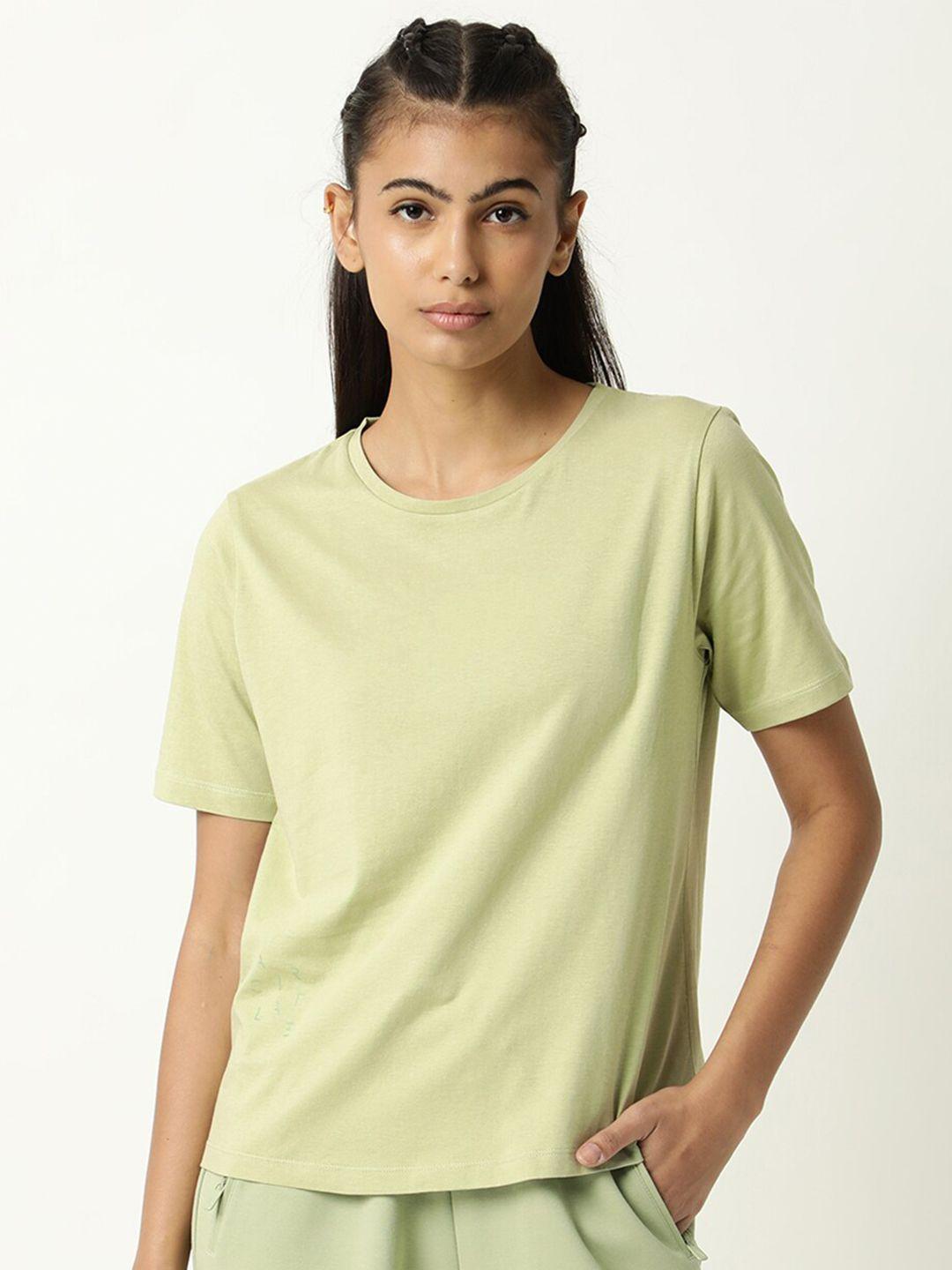 articale women green solid slim fit cotton t-shirt