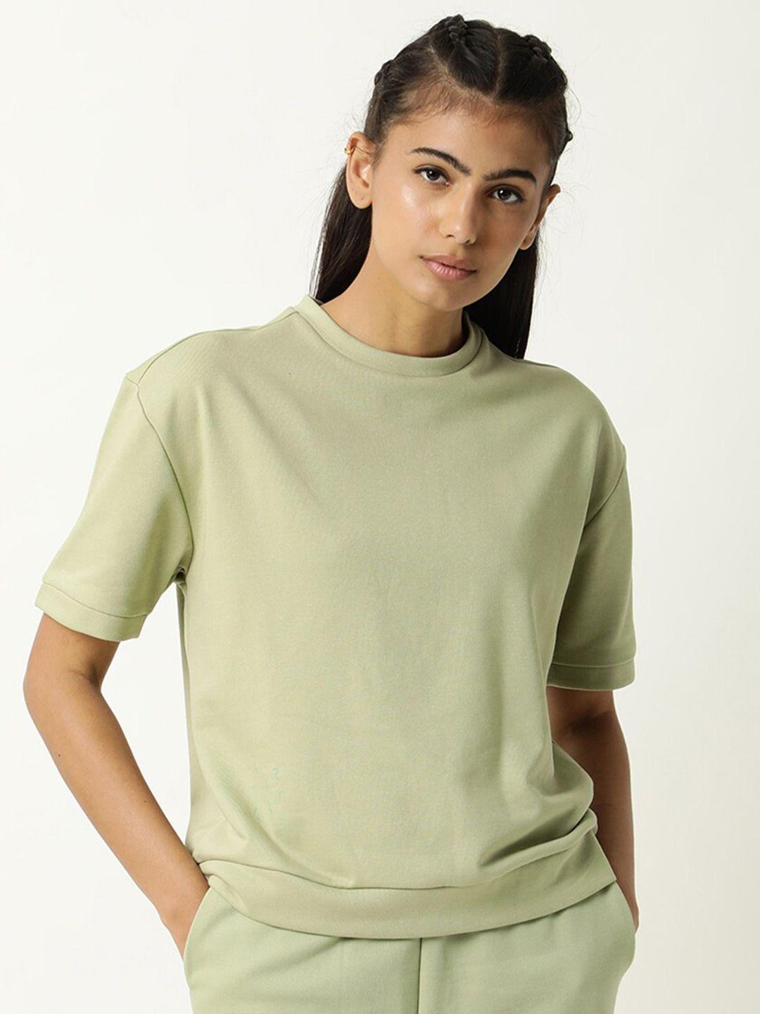 articale women high neck drop-shoulder sleeves raw edge slim fit t-shirt