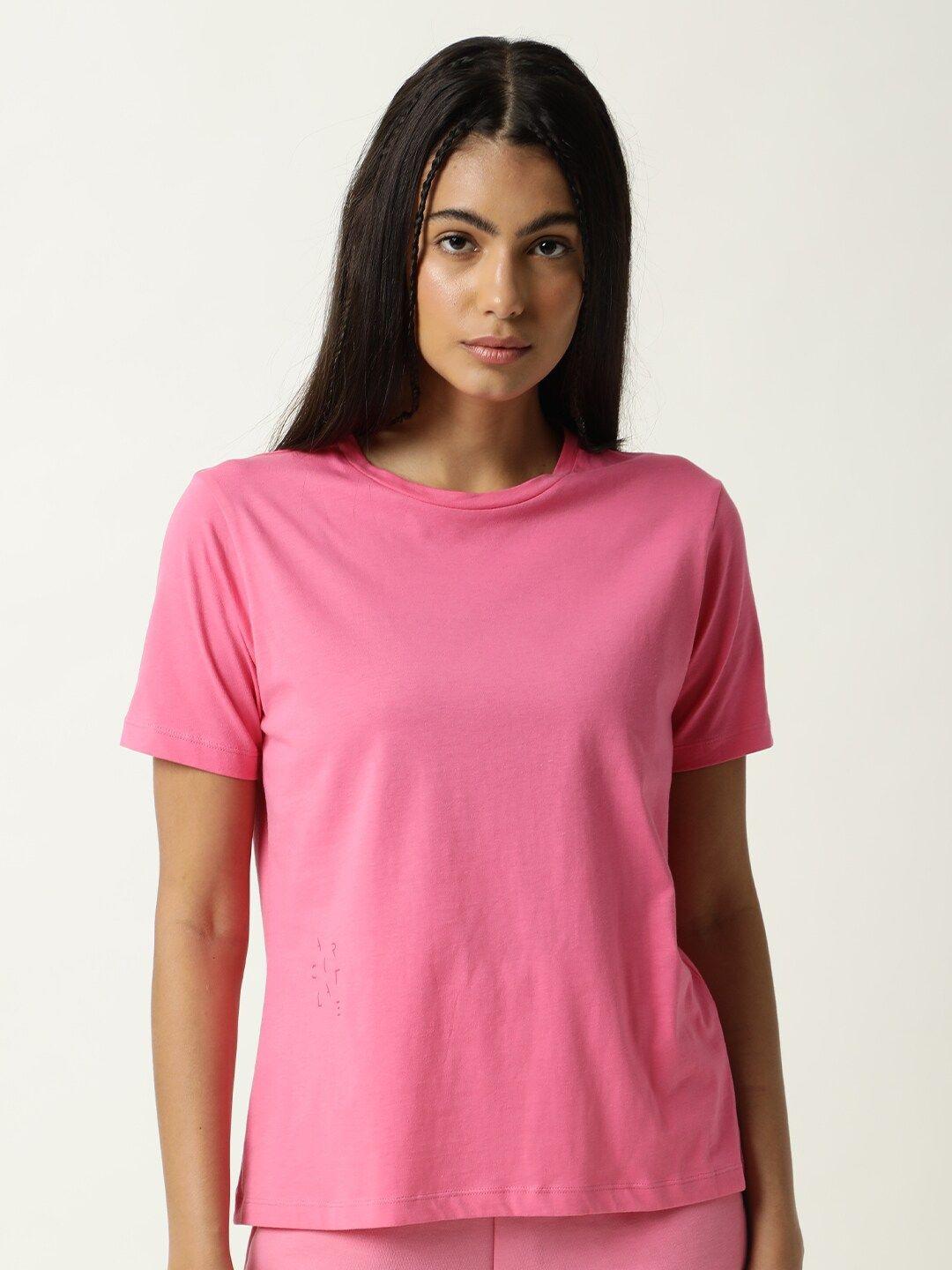 articale women pink solid slim fit cotton t-shirt