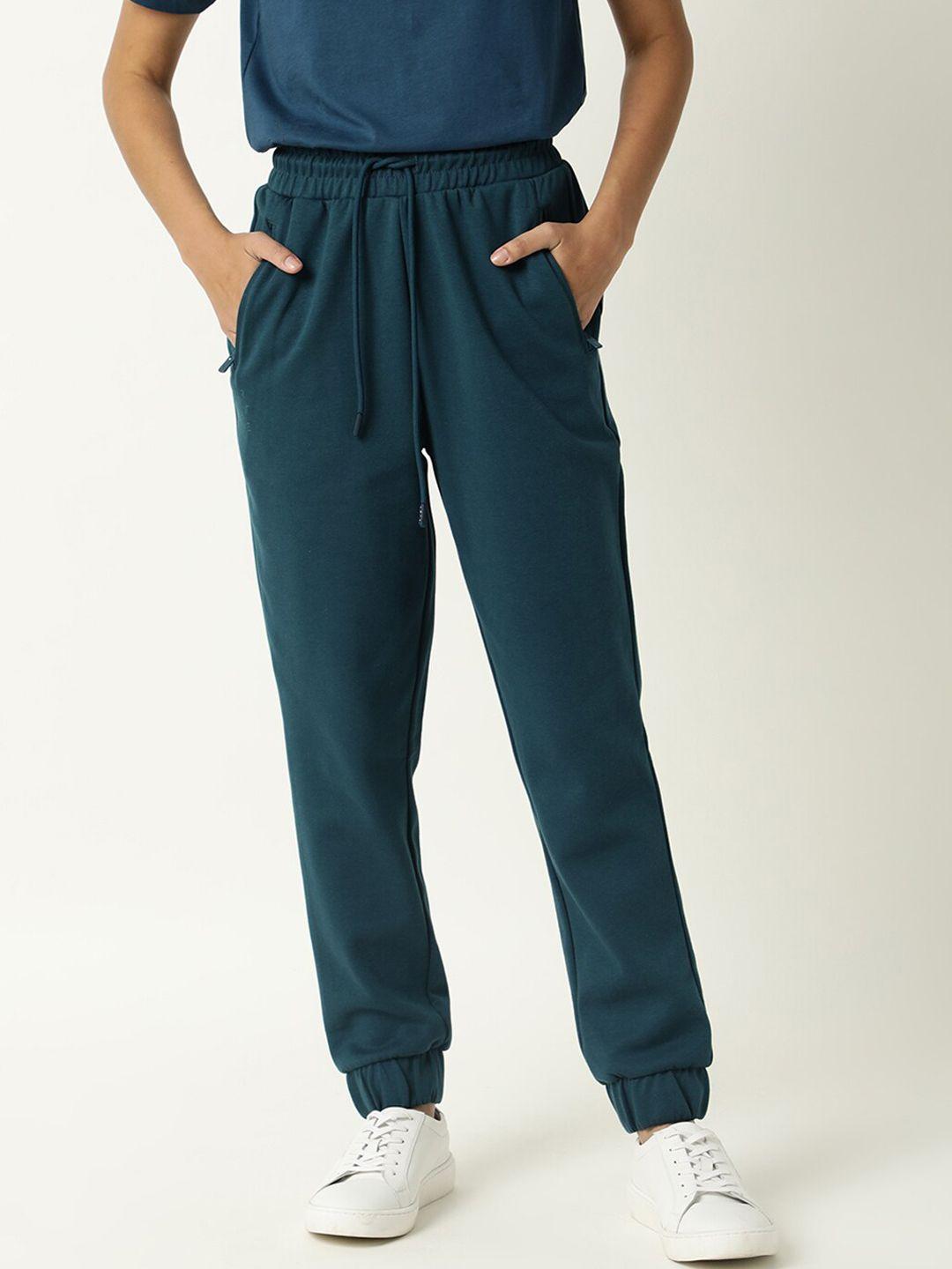 articale women teal solid slim-fit cotton track pants