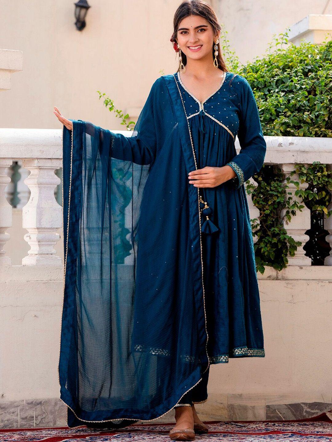 artizenweaves embroidered pleated sequinned chanderi silk kurta with trousers & dupatta