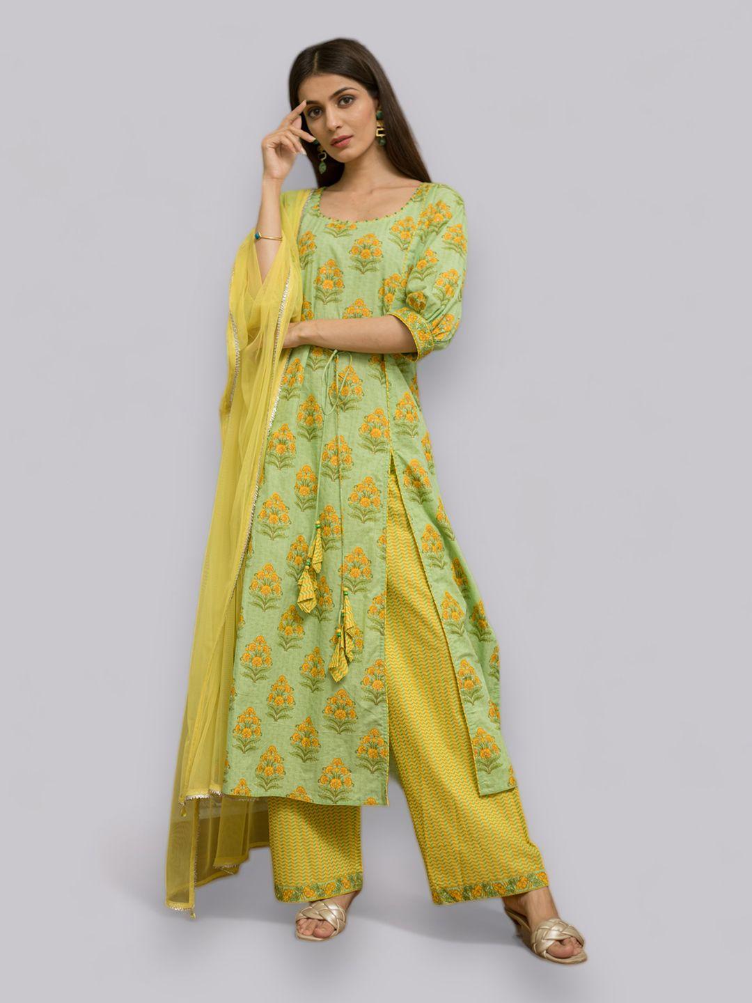 artizenweaves floral printed a-line cotton kurta with trousers & dupatta