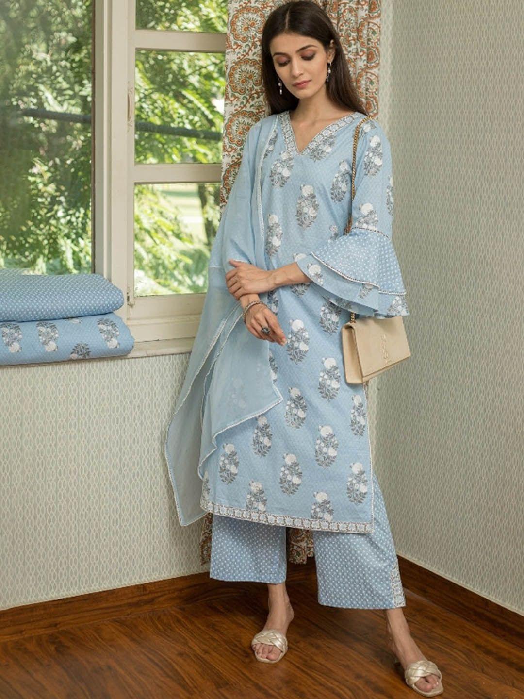 artizenweaves floral printed cotton kurta with trousers & dupatta