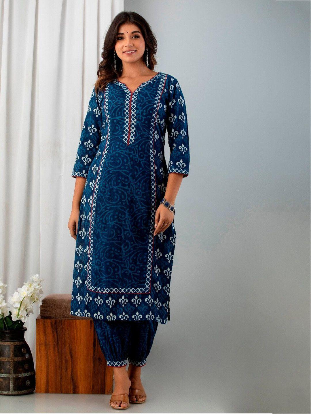 artizenweaves women 3 piece blue & white dyed pure cotton unstitched dress material
