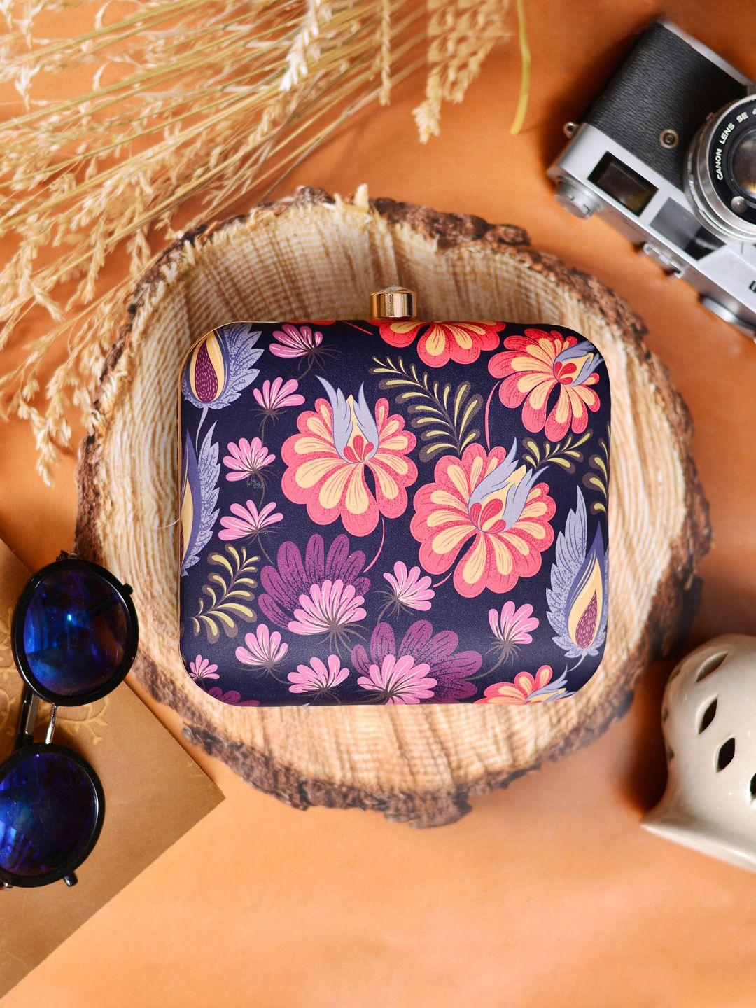 artklim women purple & pink floral printed box clutch