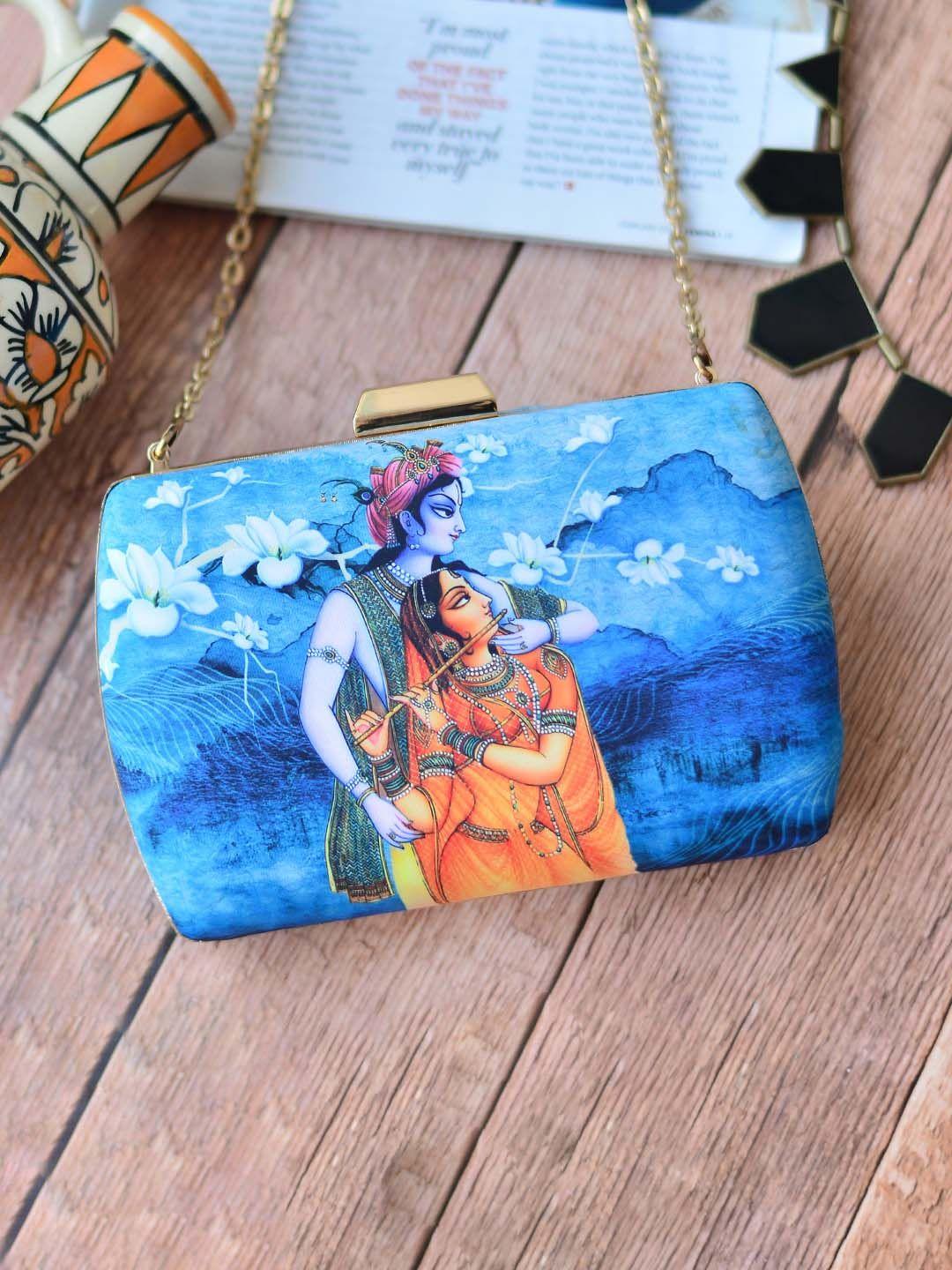 artklim blue & orange radha krishna printed box clutch