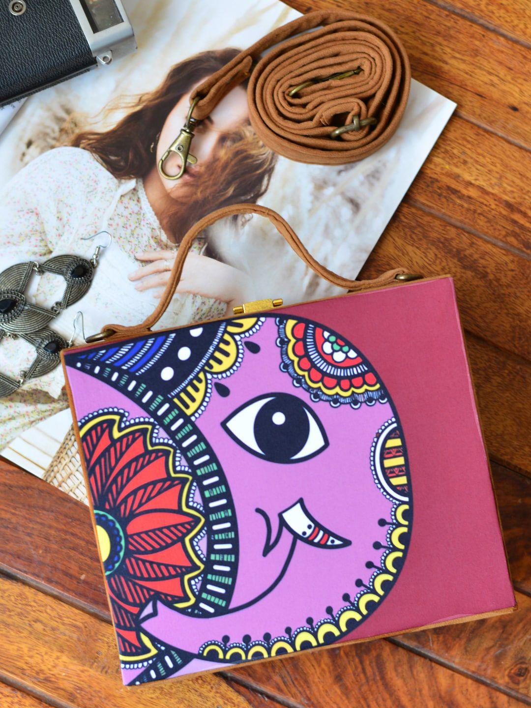 artklim brown & purple printed box clutch