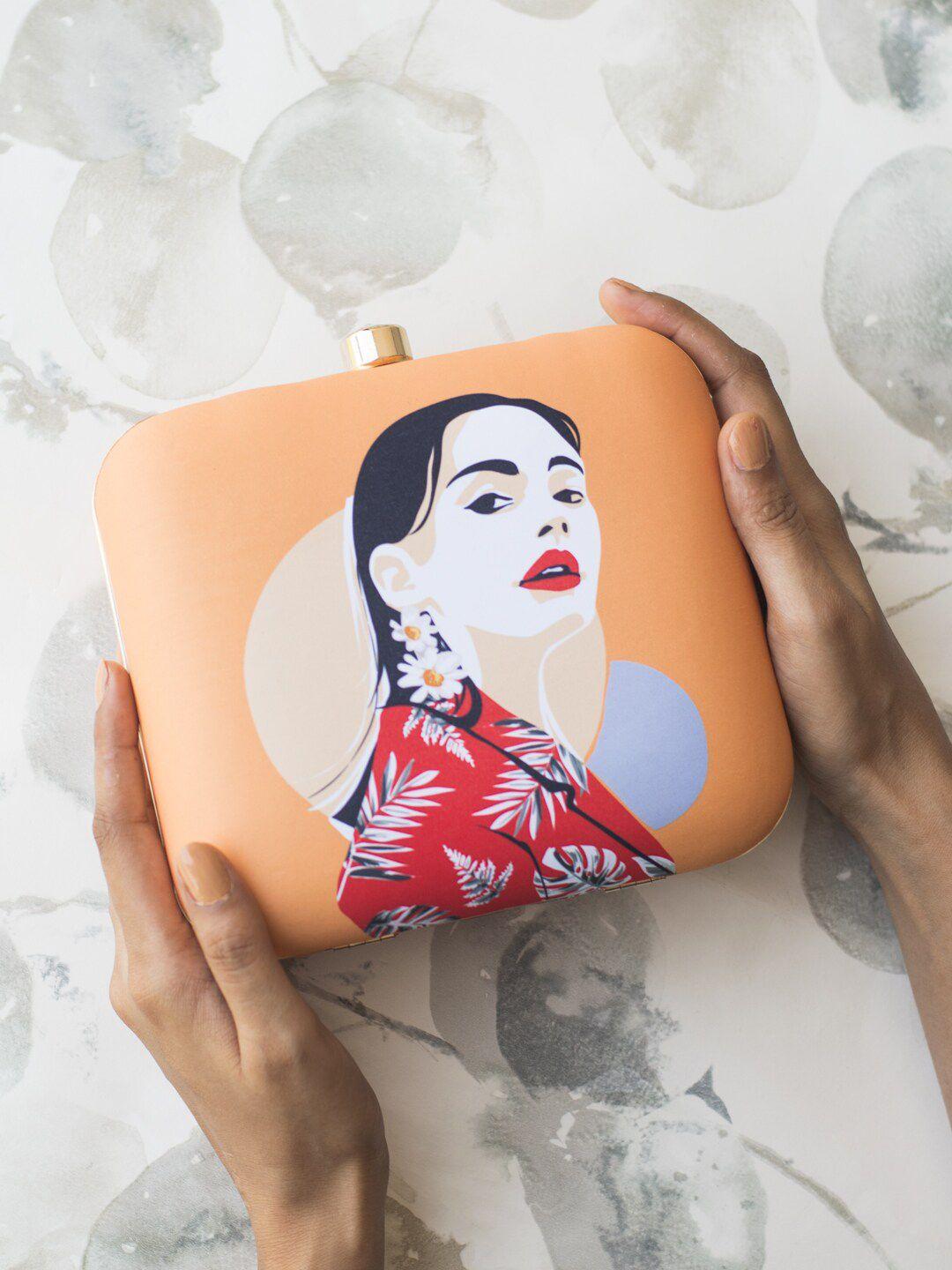 artklim peach-coloured & red printed box clutch