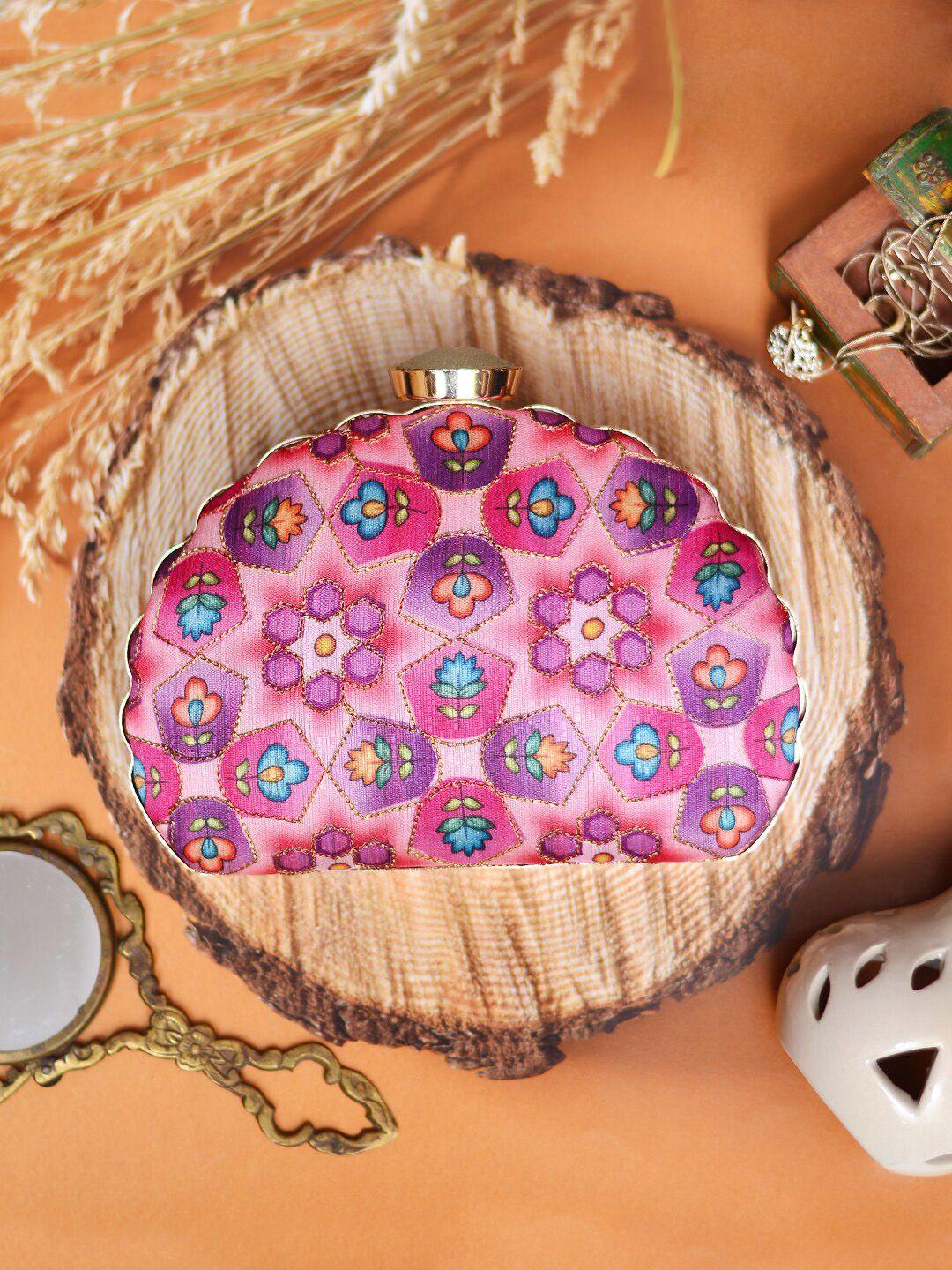 artklim pink & purple printed embroidered half moon clutch