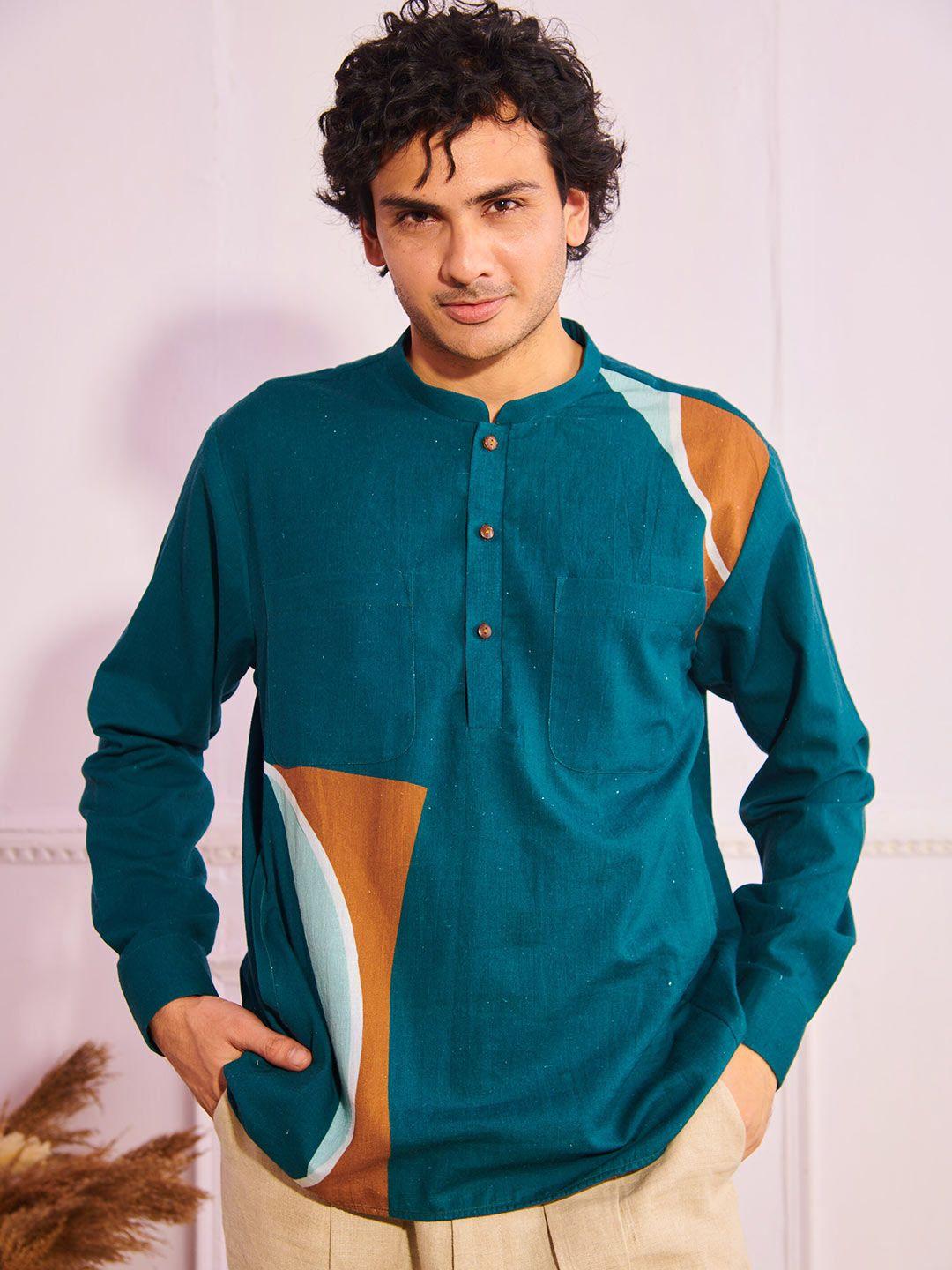 artless graphic printed mandarin collar relaxed hemp cotton casual shirt