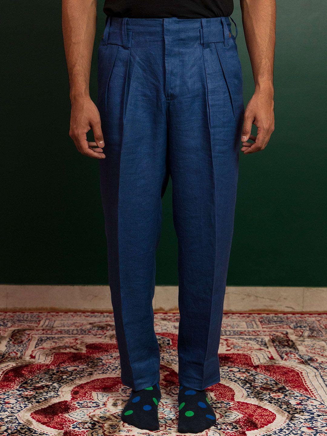 artless men blue tailored tapered fit pleated cotton trousers