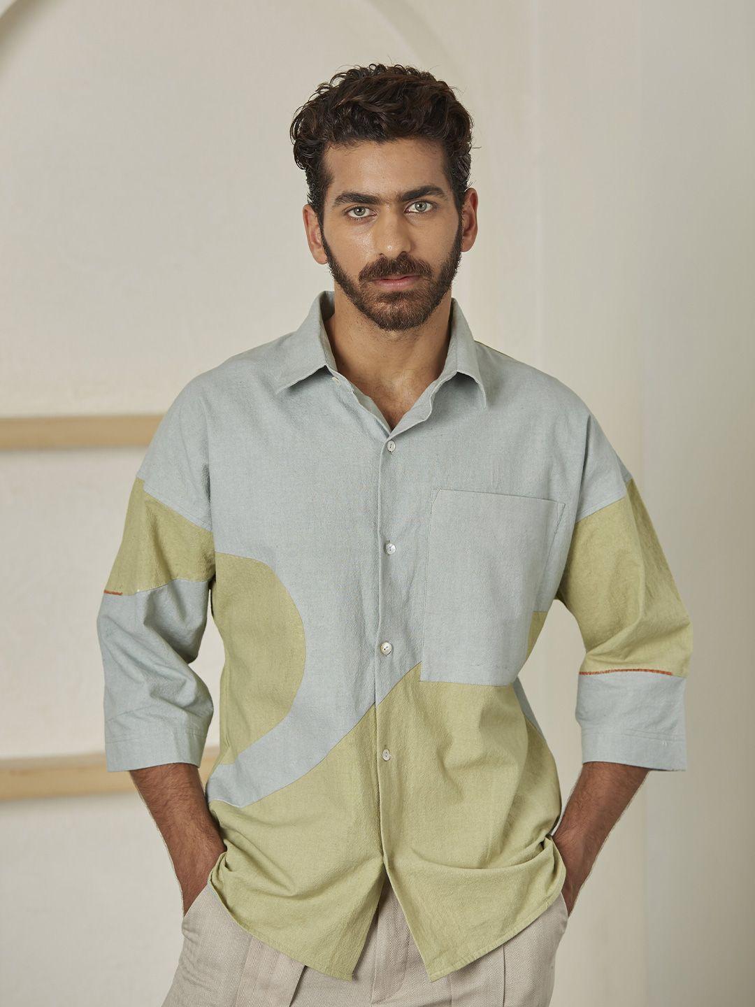 artless relaxed colourblocked hemp cotton casual shirt