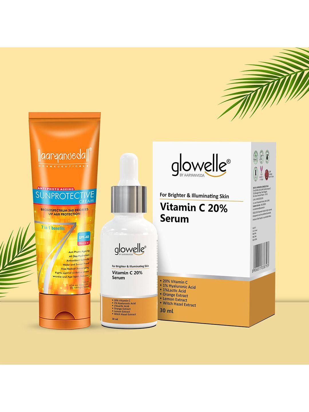 aryanveda sunscreen spf 40 pa+++ with glowelle vitamin c face serum for illuminated skin-90g each