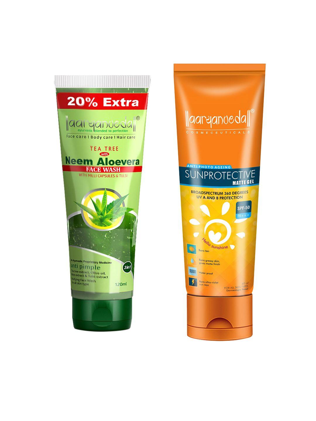 aryanveda tea tree face wash neem & aloe vera extracts, 120ml & sunscreen lotion spf 50, - 60g