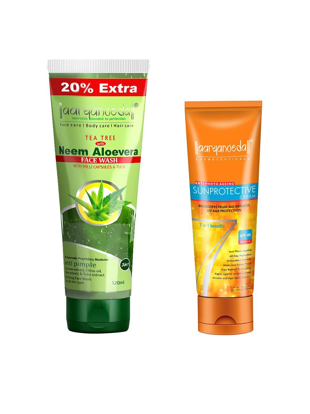 aryanveda set of 2 tea tree face wash & sunscreen lotion with spf 40