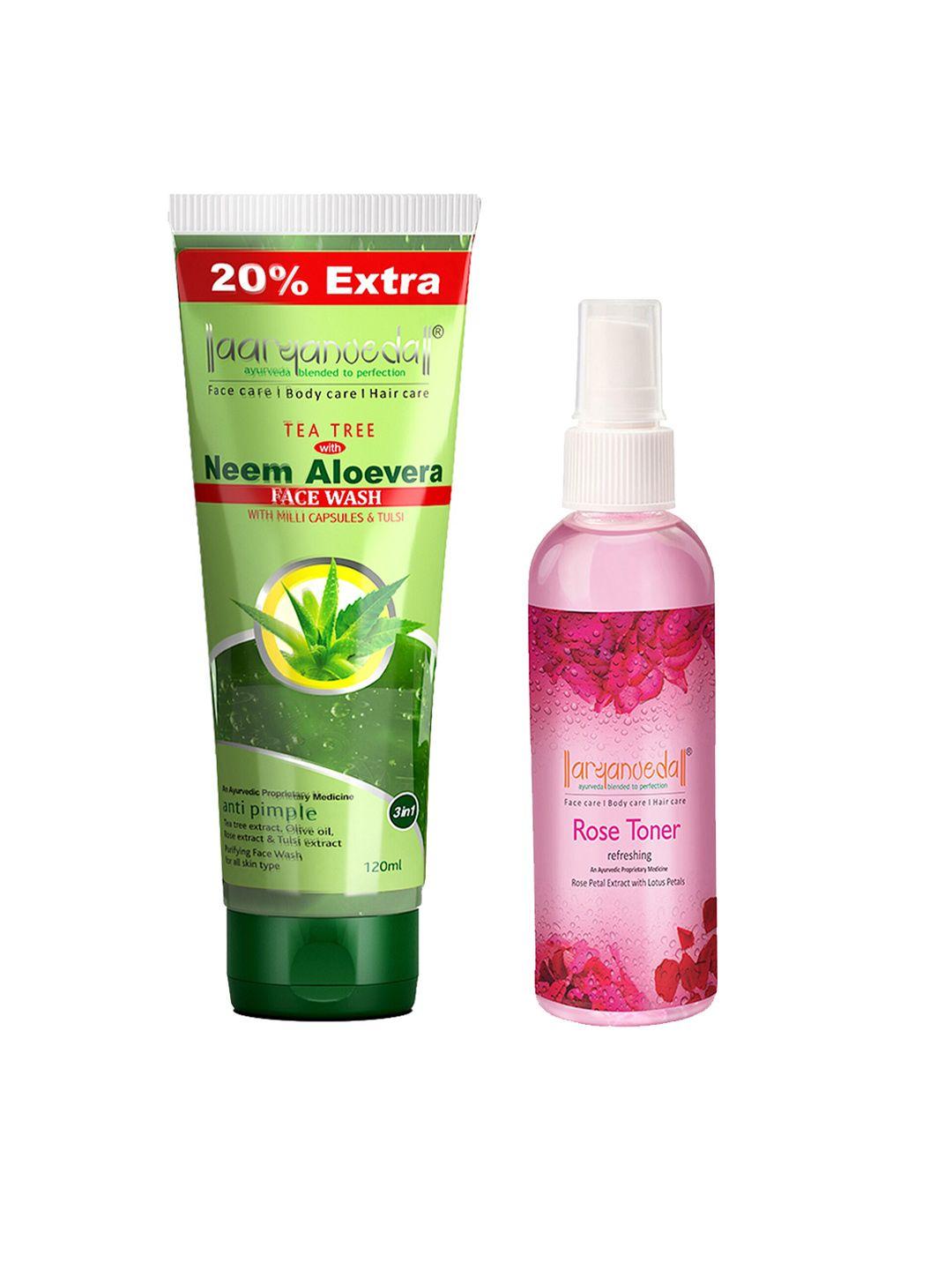 aryanveda set of 2 tea tree neem aloevera face wash 120ml & rose face toner 100ml