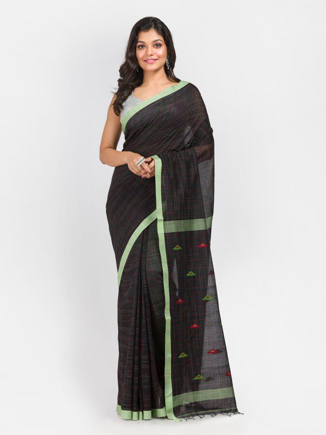 aryavart black & green striped pure cotton saree