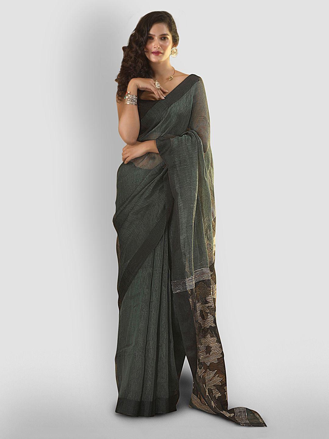 aryavart floral pure linen saree with blouse piece