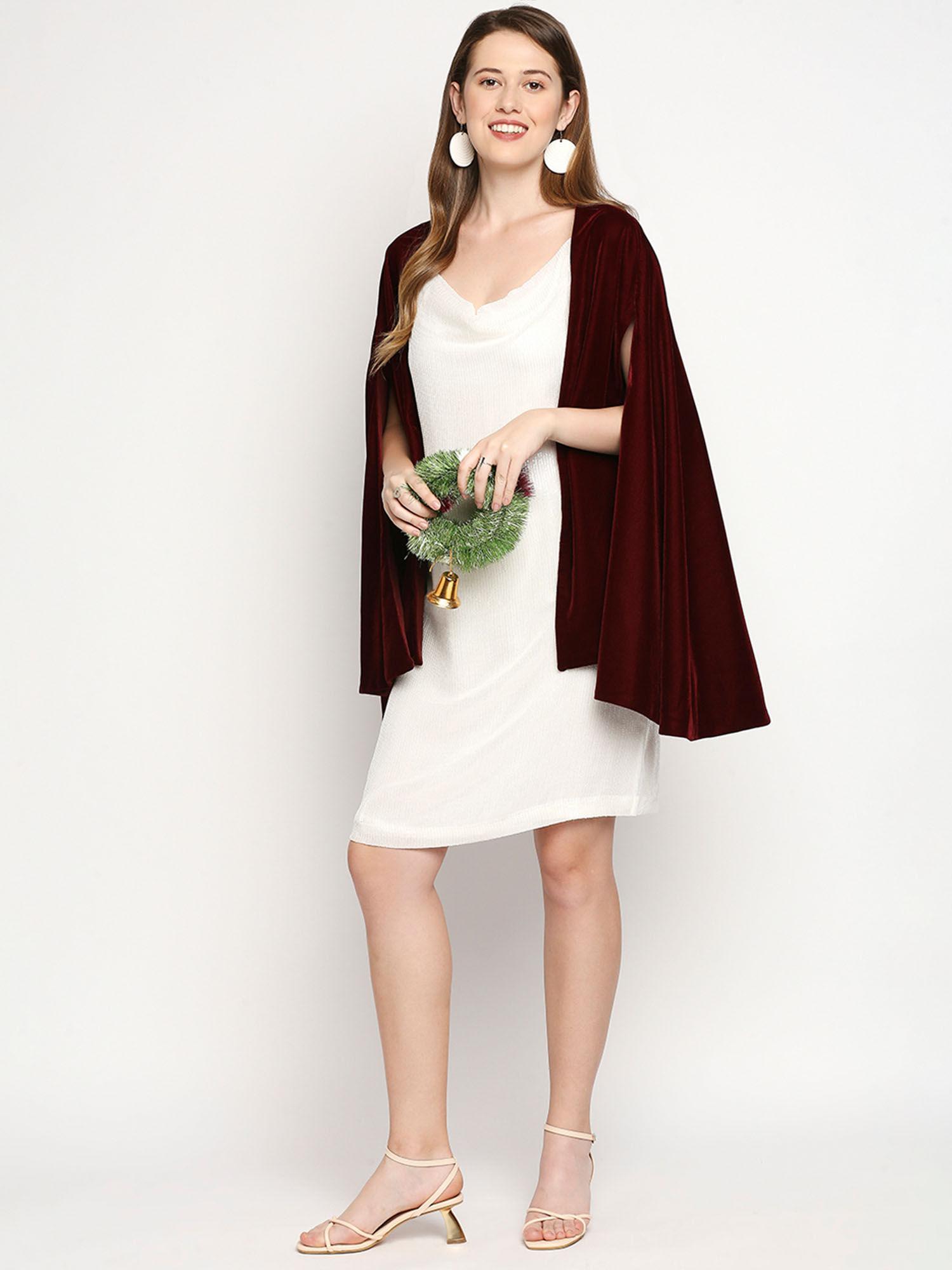 arzu-sequin dress and cape-white and maroon (set of 2)