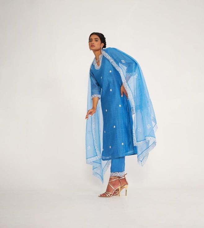 asaga blue alice kurta with pant and dupatta