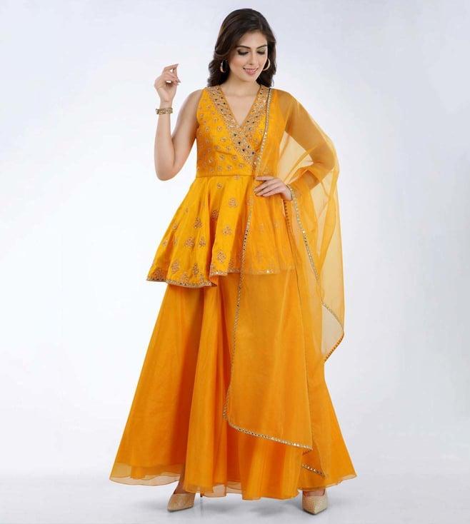 asaga falak numa orange fazeen top with sharara and dupatta