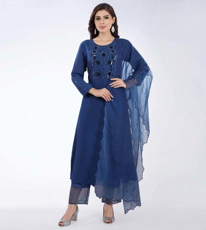 asaga neel navy blue embroidery kurta set