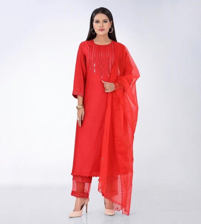 asaga red embroidered chanderi silk kurta with pants and dupatta