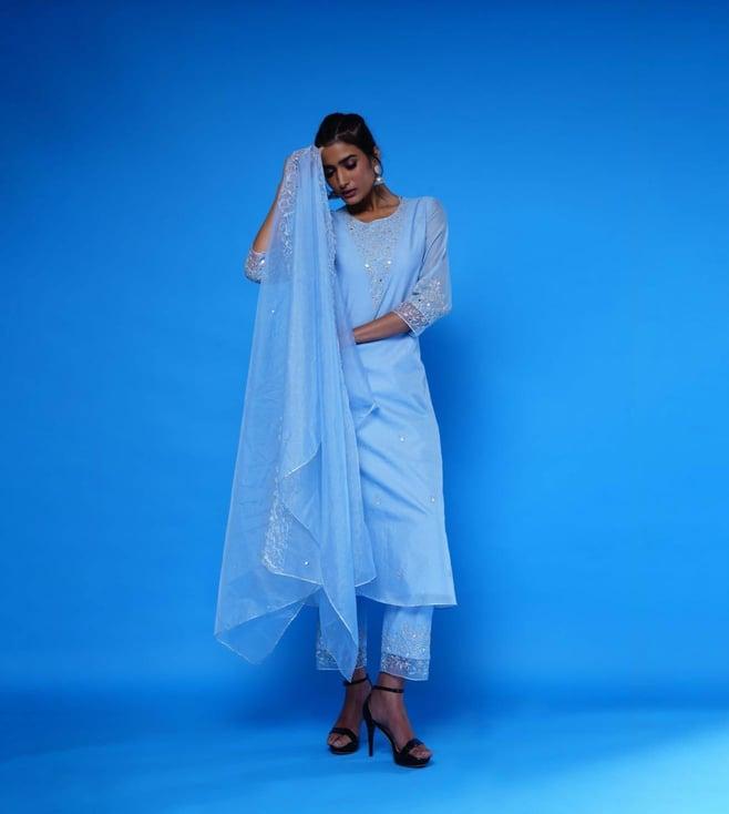 asaga sky blue kurta with pants and dupatta