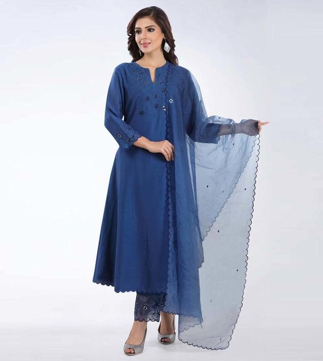 asaga zohra navy blue embroidery kurta set