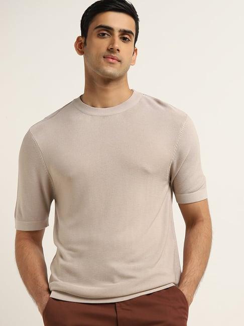 ascot by westside beige solid relaxed fit cotton t-shirt