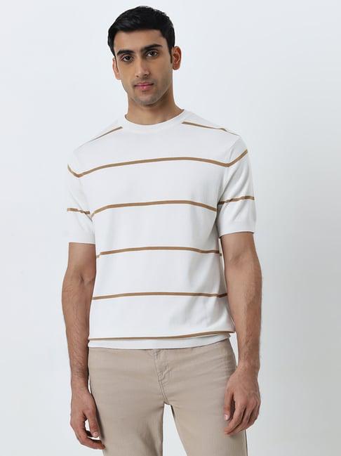 ascot by westside beige stripe printed relaxed-fit knitted t-shirt