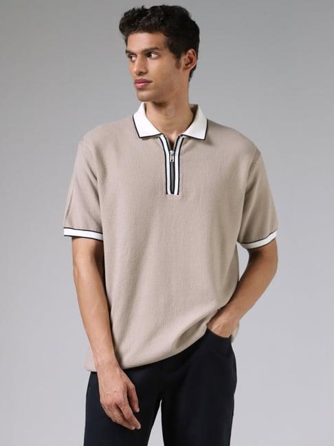 ascot by westside beige textured relaxed fit polo t-shirt