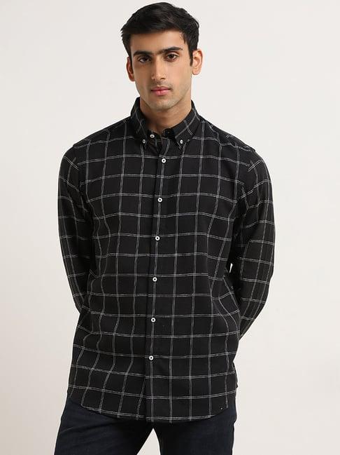 ascot by westside black checkered relaxed-fit blended linen shirt