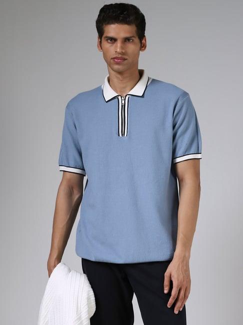 ascot by westside cornflower blue textured relaxed fit polo t-shirt